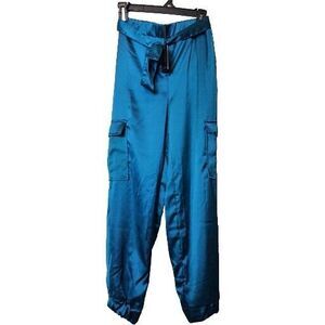 Sincerely Jules Teal Satin Cargo Joggers Belted Pants Elastic Women's S NWT Flaw